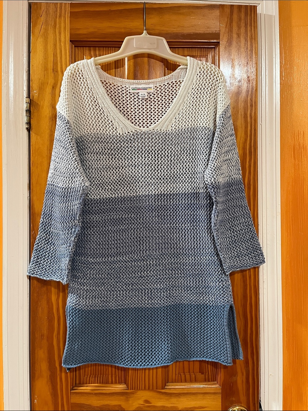 Cotton Country Ombre Knit V-Neck Sweater Tunic Cover Up  Coastal Beachy Nautical